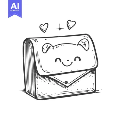 Aset desain premium: Hand-drawn sketch of a cute, cartoon-style purse with a smiling face