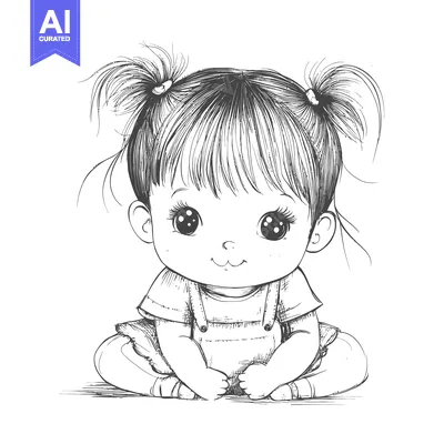 Hand-drawn sketch of a cute little girl with pigtails sitting on the f