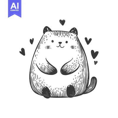 Premium design asset: Hand-Drawn Sketch of a Cute, Round, Smiling Cat Surrounded by Hearts