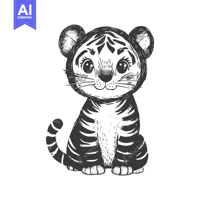 Aset premium populer: Hand-Drawn Sketch of a Cute Sitting Tiger Cub with Big Eyes