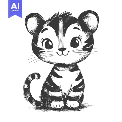 Aset desain premium: Hand-drawn sketch of a cute, smiling, striped tiger cub