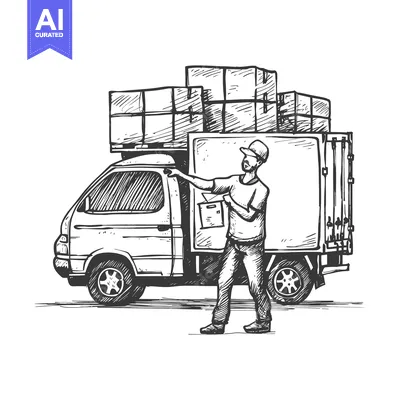 Aset desain premium: Hand-drawn sketch of a delivery truck driver standing next to his vehi