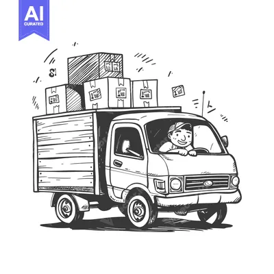 Aset desain premium: Hand-drawn sketch of a delivery truck with a driver and boxes