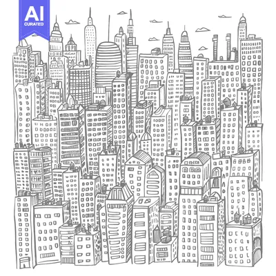 Aset desain premium: Hand-drawn sketch of a dense cityscape with skyscrapers and clouds.