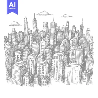 Aset desain premium: Hand-drawn sketch of a dense cityscape with skyscrapers and clouds