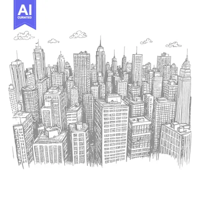 Aset premium populer: Hand-Drawn Sketch of a Dense Cityscape with Tall Buildings and Clouds