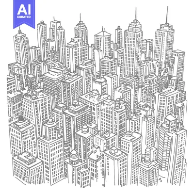 Premium design asset: Hand-drawn Sketch of a Dense Urban Skyline with Numerous Skyscrapers