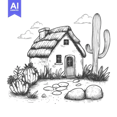 Hand-Drawn Sketch of a Desert House with Cactus and Rocks
