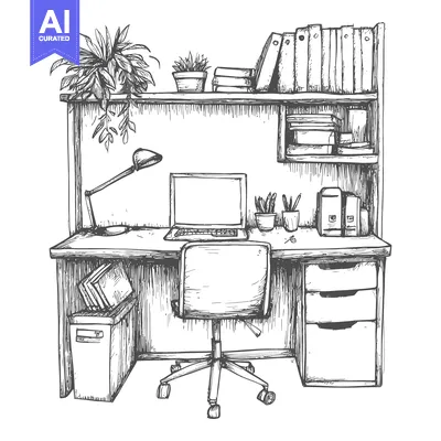 Aset desain premium: Hand-Drawn Sketch of a Desk with a Computer, Books, and Plants