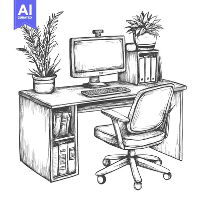 Aset premium populer: Hand-drawn Sketch of a Desk with a Computer, Chair, and Plants
