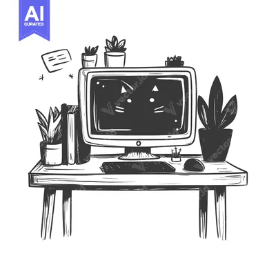 Aset premium populer: Hand-Drawn Sketch of a Desk with a Computer, Plants, and Books