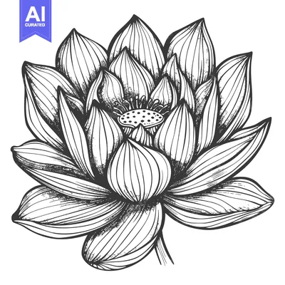 Aset premium populer: Hand-Drawn Sketch of a Detailed Lotus Flower with a Speckled Center