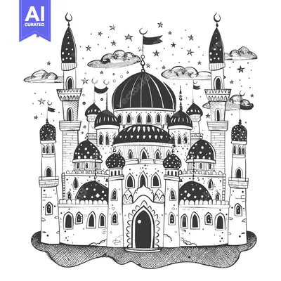Aset premium populer: Hand-drawn Sketch of a Detailed Mosque with Minarets and Stars