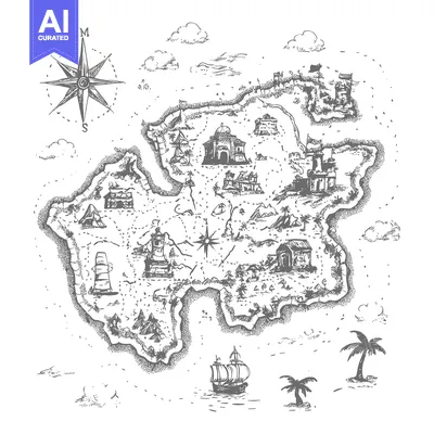 Premium design asset: Hand-Drawn Sketch of a Detailed Treasure Island Map with a Compass, Sa