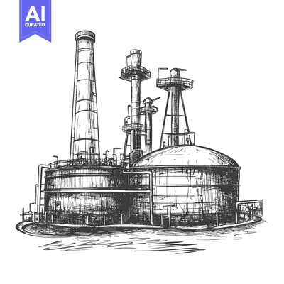 Aset desain premium: Hand-drawn sketch of a factory with tall chimneys and storage tanks