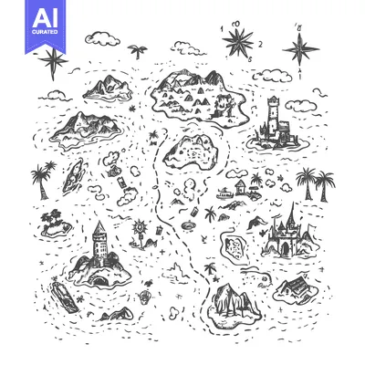 Aset desain premium: Hand-drawn Sketch of a Fantasy Island Map with Castles, Palm Trees, an