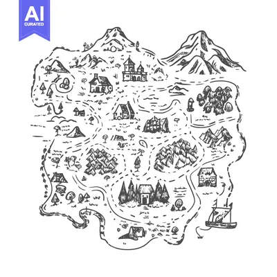 Aset premium populer: Hand-drawn sketch of a fantasy island map with houses, mountains, and