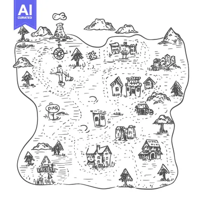 Aset desain premium: Hand-Drawn Sketch of a Fantasy Island with Buildings and Trees