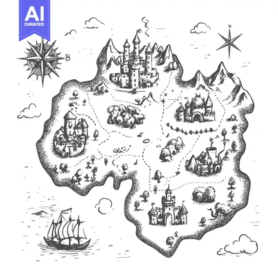 Aset desain premium: Hand-Drawn Sketch of a Fantasy Island with Multiple Castles and a Comp
