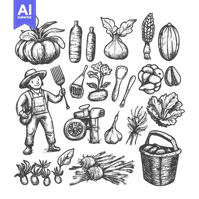 Aset premium populer: Hand-Drawn Sketch of a Farmer and Various Vegetables and Gardening Too