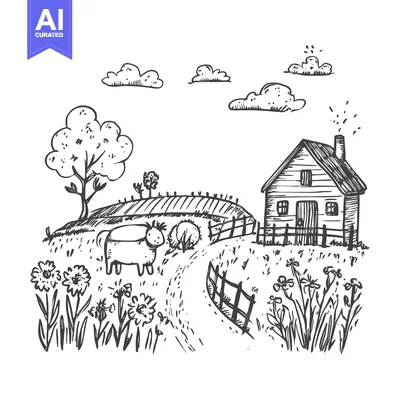 Premium design asset: Hand-drawn sketch of a farmhouse, cow, and flowers in a field