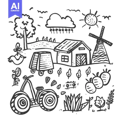 Popular premium asset: Hand-Drawn Sketch of a Farm Scene with a Barn, Windmill, Tractor, and
