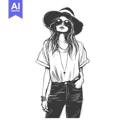 Popular premium asset: Hand-drawn sketch of a fashionable woman in a hat and sunglasses