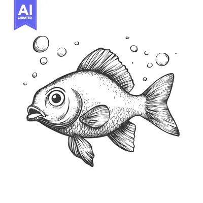 Aset desain premium: Hand-drawn sketch of a fish swimming with bubbles