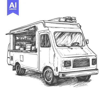 Aset desain premium: Hand-Drawn Sketch of a Food Truck with Open Serving Window