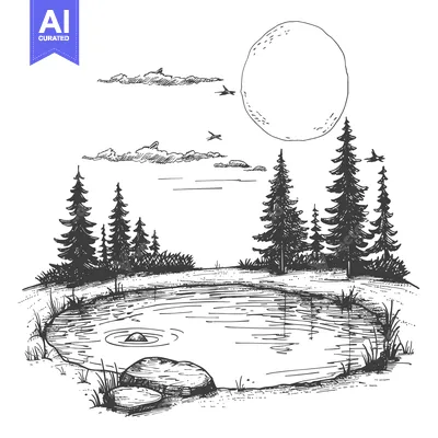 Premium design asset: Hand-Drawn Sketch of a Forest Pond with Moon and Birds