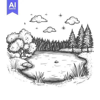 Aset premium populer: Hand-drawn Sketch of a Forest Pond with Trees and Clouds