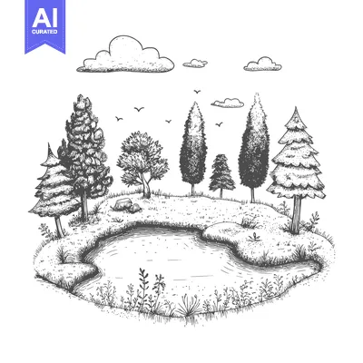 Aset premium populer: Hand-Drawn Sketch of a Forest Pond with Trees and Clouds