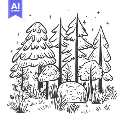 Premium design asset: Hand-Drawn Sketch of a Forest Scene with Trees, Mushrooms, and Undergr
