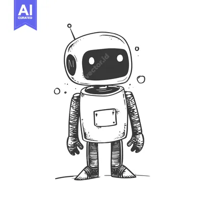 Aset premium populer: Hand-drawn sketch of a friendly cartoon robot with a circular head and