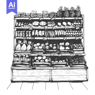 Hand-Drawn Sketch of a Fruit and Vegetable Stand