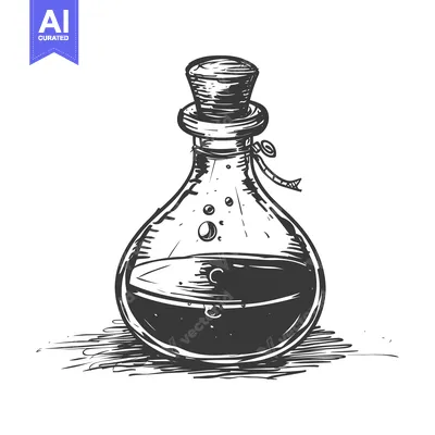 Hand-drawn Sketch of a Glass Bottle with a Cork and a Dark Liquid Insi