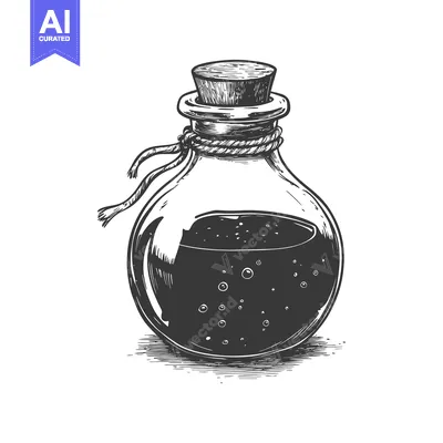 Hand-Drawn Sketch of a Glass Bottle with a Cork and Rope, Filled with