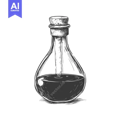 Aset desain premium: Hand-drawn sketch of a glass bottle with a cork stopper and dark liqui