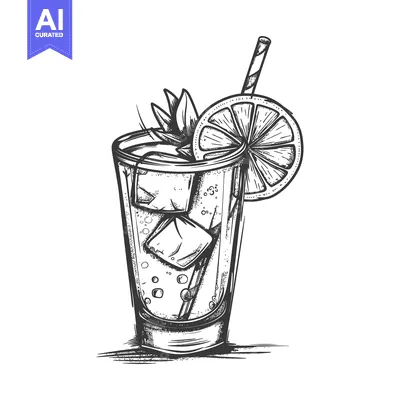 Aset premium populer: Hand-drawn Sketch of a Glass of Iced Drink with Lemon and a Straw