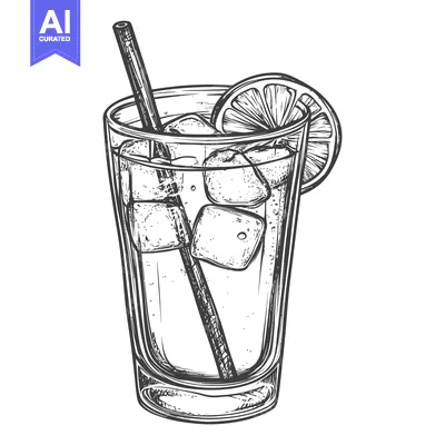 Aset desain premium: Hand-Drawn Sketch of a Glass of Lemonade with Ice and Lemon Slice