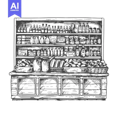 Aset premium populer: Hand-drawn sketch of a grocery store shelf with various items for sale