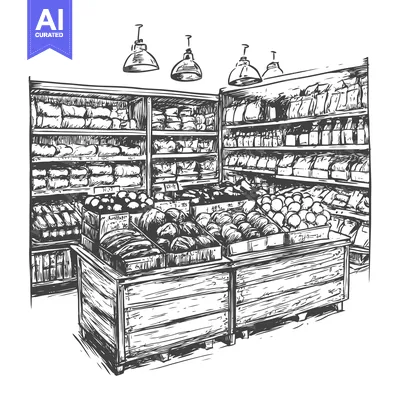 Aset premium populer: Hand-drawn sketch of a grocery store with fruit and vegetable displays