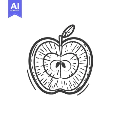 Aset premium populer: Hand-drawn sketch of a halved apple with seeds and stem