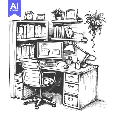 Popular premium asset: Hand-drawn sketch of a home office desk with computer, bookshelf, and