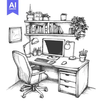 Premium design asset: Hand-Drawn Sketch of a Home Office Workspace with a Desk, Computer, Ch