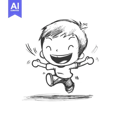 Aset premium populer: Hand-Drawn Sketch of a Joyful Boy Jumping with Arms Outstretched