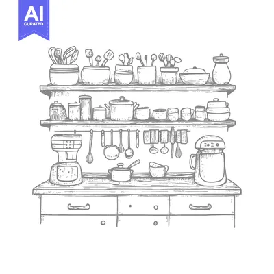 Aset premium populer: Hand-drawn sketch of a kitchen counter with shelves and appliances