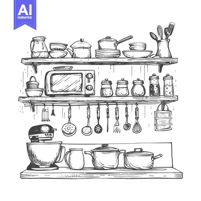 Popular premium asset: Hand-drawn Sketch of a Kitchen Counter with Utensils and Appliances
