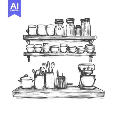 Aset premium populer: Hand-Drawn Sketch of a Kitchen Counter with Utensils, Jars, Bowls, and