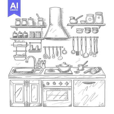 Premium design asset: Hand-drawn Sketch of a Kitchen with Appliances and Utensils